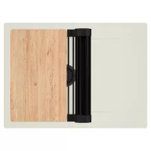 HD Onyx White 68-XL egymedencés gránit mosogatótálca szett, vágódeszkával, csepegtetőtálcával, vágódeszkával, matt fekete csepegtetőráccsal, tört fehér színben, matt fekete leeresztő szifonnal