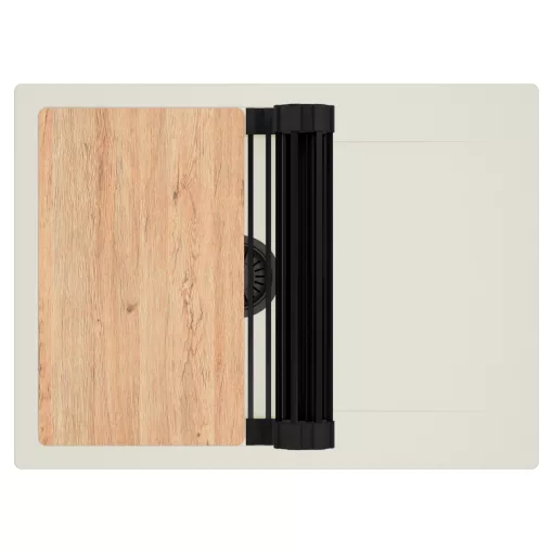 HD Onyx White 68-XL egymedencés gránit mosogatótálca szett, vágódeszkával, csepegtetőtálcával, vágódeszkával, matt fekete csepegtetőráccsal, tört fehér színben, matt fekete leeresztő szifonnal