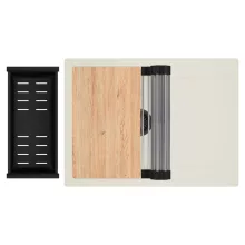 HD Onyx White 68-XL egymedencés gránit mosogatótálca szett, vágódeszkával, csepegtetőtálcával, vágódeszkával, acél csepegtetőráccsal és matt fekete kosárral, tört fehér színben, matt fekete leeresztő szifonnal