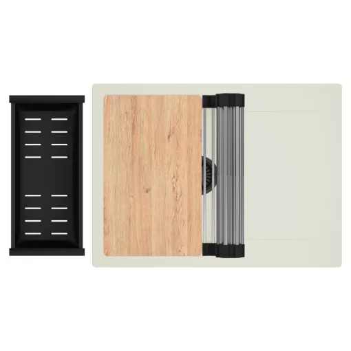 HD Onyx White 68-XL egymedencés gránit mosogatótálca szett, vágódeszkával, csepegtetőtálcával, vágódeszkával, acél csepegtetőráccsal és matt fekete kosárral, tört fehér színben, matt fekete leeresztő szifonnal