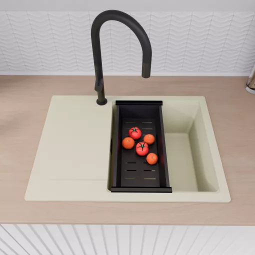 HD Onyx White 68-XL egymedencés gránit mosogatótálca szett, vágódeszkával, csepegtetőtálcával, vágódeszkával, acél csepegtetőráccsal és matt fekete kosárral, tört fehér színben, matt fekete leeresztő szifonnal