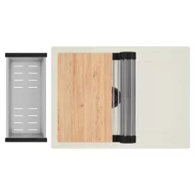 HD Onyx White 68-XL egymedencés gránit mosogatótálca szett, vágódeszkával, csepegtetőtálcával, vágódeszkával, acél csepegtetőráccsal és kosárral, tört fehér színben, matt fekete leeresztő szifonnal