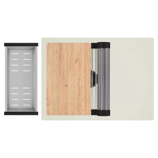 HD Onyx White 68-XL egymedencés gránit mosogatótálca szett, vágódeszkával, csepegtetőtálcával, vágódeszkával, acél csepegtetőráccsal és kosárral, tört fehér színben, matt fekete leeresztő szifonnal