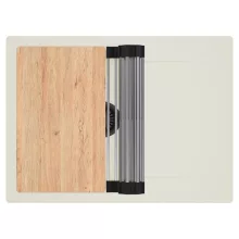 HD Onyx White 68-XL egymedencés gránit mosogatótálca szett, vágódeszkával, csepegtetőtálcával, vágódeszkával, acél csepegtetőráccsal, tört fehér színben, matt fekete leeresztő szifonnal