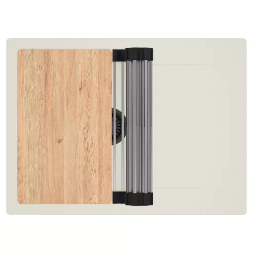 HD Onyx White 68-XL egymedencés gránit mosogatótálca szett, vágódeszkával, csepegtetőtálcával, vágódeszkával, acél csepegtetőráccsal, tört fehér színben, matt fekete leeresztő szifonnal