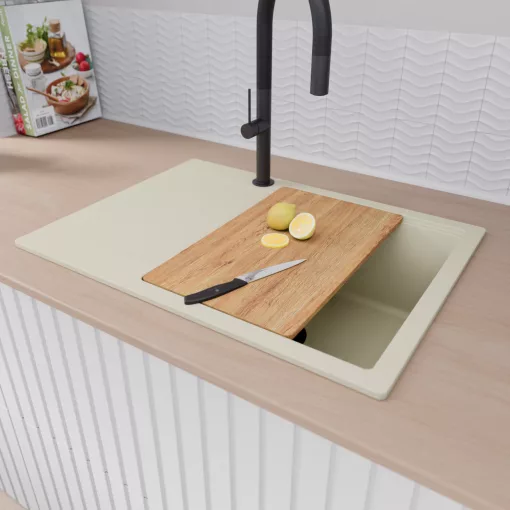 HD Onyx White 68-XL egymedencés gránit mosogatótálca szett, vágódeszkával, csepegtetőtálcával, vágódeszkával, acél csepegtetőráccsal, tört fehér színben, matt fekete leeresztő szifonnal