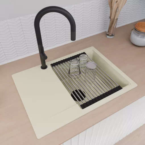 HD Onyx White 68-XL egymedencés gránit mosogatótálca szett, vágódeszkával, csepegtetőtálcával, vágódeszkával, acél csepegtetőráccsal, tört fehér színben, matt fekete leeresztő szifonnal