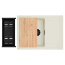 HD Onyx White 68-XL egymedencés gránit mosogatótálca szett, vágódeszkával, csepegtetőtálcával, vágódeszkával, matt fekete csepegtetőkosárral, tört fehér színben, matt fekete leeresztő szifonnal