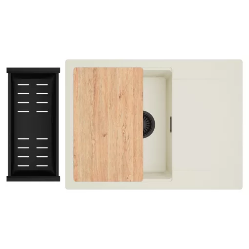 HD Onyx White 68-XL egymedencés gránit mosogatótálca szett, vágódeszkával, csepegtetőtálcával, vágódeszkával, matt fekete csepegtetőkosárral, tört fehér színben, matt fekete leeresztő szifonnal