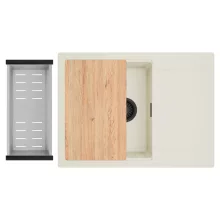 HD Onyx White 68-XL egymedencés gránit mosogatótálca szett, vágódeszkával, csepegtetőtálcával, vágódeszkával, acél csepegtetőkosárral, tört fehér színben, matt fekete leeresztő szifonnal