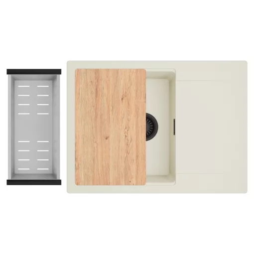 HD Onyx White 68-XL egymedencés gránit mosogatótálca szett, vágódeszkával, csepegtetőtálcával, vágódeszkával, acél csepegtetőkosárral, tört fehér színben, matt fekete leeresztő szifonnal