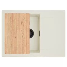 HD Onyx White 68-XL egymedencés gránit mosogatótálca, vágódeszkával, vágódeszkával, tört fehér színben, matt fekete leeresztő szifonnal