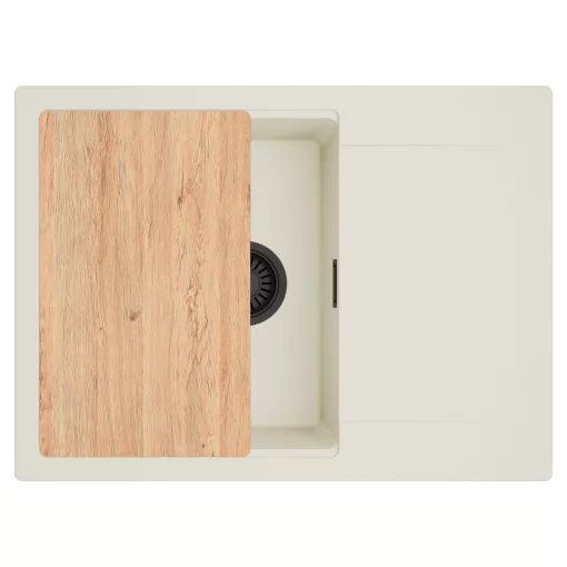 HD Onyx White 68-XL egymedencés gránit mosogatótálca, vágódeszkával, vágódeszkával, tört fehér színben, matt fekete leeresztő szifonnal