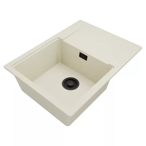 HD Onyx White 68-XL egymedencés gránit mosogatótálca, vágódeszkával, vágódeszkával, tört fehér színben, matt fekete leeresztő szifonnal