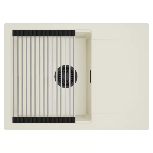 HD Onyx White 68-XL egymedencés mosogatótálca szett, acél csepegtetőráccsal, csepegtetőtálcával, tört fehér színben, matt fekete leeresztő szifonnal