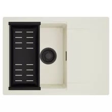 HD Onyx White 68-XL egymedencés mosogatótálca szett, matt fekete csepegtetőkosárral, csepegtetőtálcával, tört fehér színben, matt fekete leeresztő szifonnal