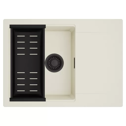 HD Onyx White 68-XL egymedencés mosogatótálca szett, matt fekete csepegtetőkosárral, csepegtetőtálcával, tört fehér színben, matt fekete leeresztő szifonnal