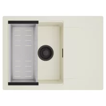 HD Onyx White 68-XL egymedencés mosogatótálca szett, acél csepegtetőkosárral, csepegtetőtálcával, tört fehér színben, matt fekete leeresztő szifonnal