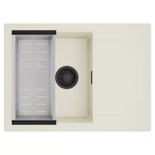 HD Onyx White 68-XL egymedencés mosogatótálca szett, acél csepegtetőkosárral, csepegtetőtálcával, tört fehér színben, matt fekete leeresztő szifonnal