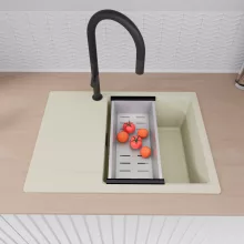 HD Onyx White 68-XL egymedencés mosogatótálca szett, acél csepegtetőkosárral, csepegtetőtálcával, tört fehér színben, matt fekete leeresztő szifonnal