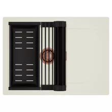 HD Onyx White 68-XL egymedencés mosogatótálca szett, matt fekete csepegtetőráccsal és kosárral, csepegtetőtálcával, tört fehér színben, szálcsiszolt réz leeresztő szifonnal