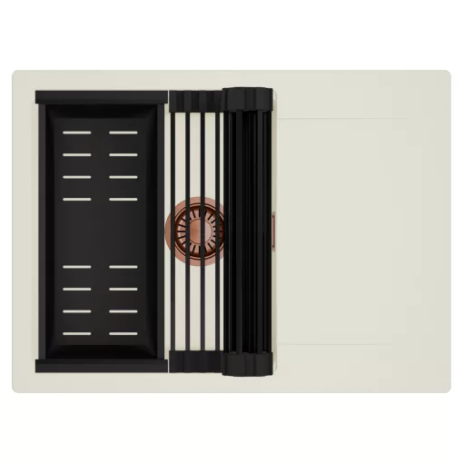 HD Onyx White 68-XL egymedencés mosogatótálca szett, matt fekete csepegtetőráccsal és kosárral, csepegtetőtálcával, tört fehér színben, szálcsiszolt réz leeresztő szifonnal