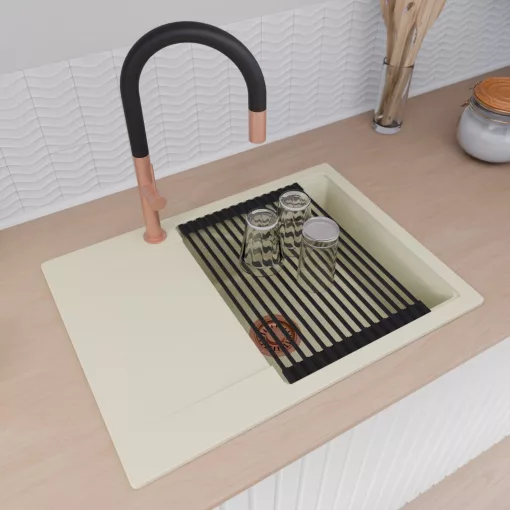 HD Onyx White 68-XL egymedencés mosogatótálca szett, matt fekete csepegtetőráccsal és kosárral, csepegtetőtálcával, tört fehér színben, szálcsiszolt réz leeresztő szifonnal