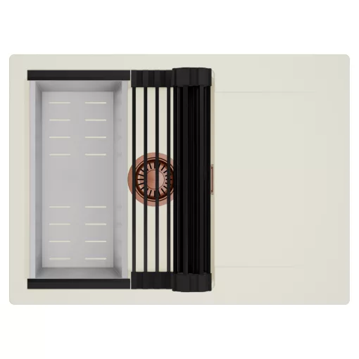 HD Onyx White 68-XL egymedencés mosogatótálca szett, matt fekete csepegtetőráccsal és krómozott kosárral, csepegtetőtálcával, tört fehér színben, szálcsiszolt réz leeresztő szifonnal