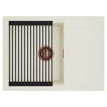 HD Onyx White 68-XL egymedencés mosogatótálca szett, matt fekete csepegtetőráccsal, csepegtetőtálcával, tört fehér színben, szálcsiszolt réz leeresztő szifonnal