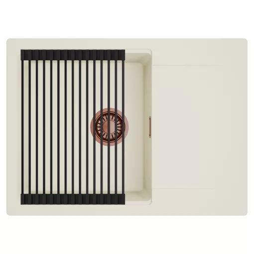 HD Onyx White 68-XL egymedencés mosogatótálca szett, matt fekete csepegtetőráccsal, csepegtetőtálcával, tört fehér színben, szálcsiszolt réz leeresztő szifonnal