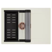 HD Onyx White 68-XL egymedencés mosogatótálca szett, acél csepegtetőráccsal és matt fekete kosárral, csepegtetőtálcával, tört fehér színben, szálcsiszolt réz leeresztő szifonnal