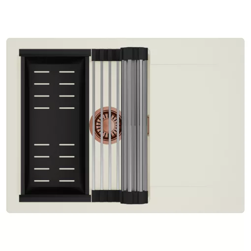 HD Onyx White 68-XL egymedencés mosogatótálca szett, acél csepegtetőráccsal és matt fekete kosárral, csepegtetőtálcával, tört fehér színben, szálcsiszolt réz leeresztő szifonnal