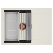 HD Onyx White 68-XL egymedencés mosogatótálca szett, acél csepegtetőráccsal és kosárral, csepegtetőtálcával, tört fehér színben, szálcsiszolt réz leeresztő szifonnal