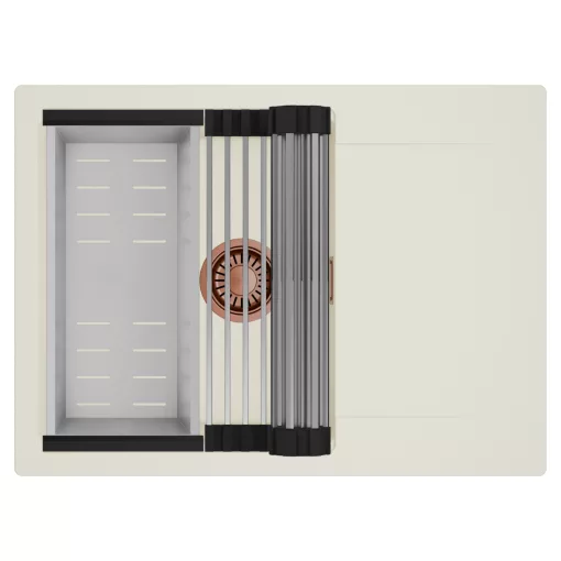 HD Onyx White 68-XL egymedencés mosogatótálca szett, acél csepegtetőráccsal és kosárral, csepegtetőtálcával, tört fehér színben, szálcsiszolt réz leeresztő szifonnal