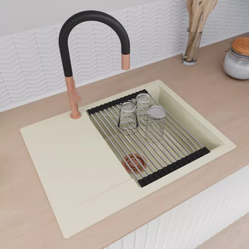 HD Onyx White 68-XL egymedencés mosogatótálca szett, acél csepegtetőráccsal és kosárral, csepegtetőtálcával, tört fehér színben, szálcsiszolt réz leeresztő szifonnal