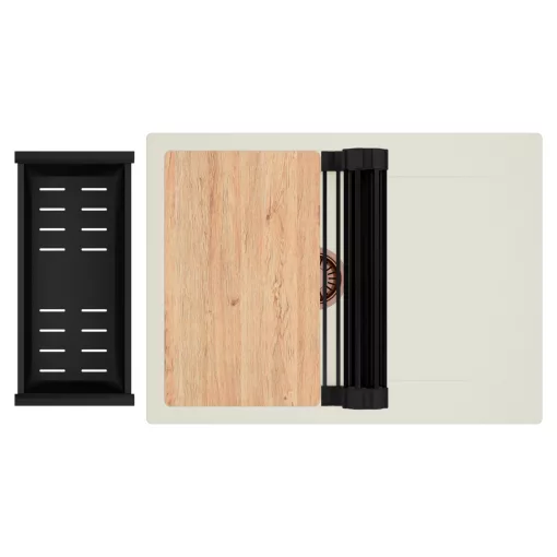 HD Onyx White 68-XL egymedencés gránit mosogatótálca szett, vágódeszkával, csepegtetőtálcával, vágódeszkával, matt fekete csepegtetőráccsal és kosárral, tört fehér színben, szálcsiszolt réz leeresztő szifonnal