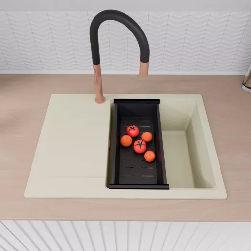 HD Onyx White 68-XL egymedencés gránit mosogatótálca szett, vágódeszkával, csepegtetőtálcával, vágódeszkával, matt fekete csepegtetőráccsal és kosárral, tört fehér színben, szálcsiszolt réz leeresztő szifonnal