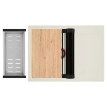 HD Onyx White 68-XL egymedencés gránit mosogatótálca szett, vágódeszkával, csepegtetőtálcával, vágódeszkával, matt fekete csepegtetőráccsal és krómozott kosárral, tört fehér színben, szálcsiszolt réz leeresztő szifonnal