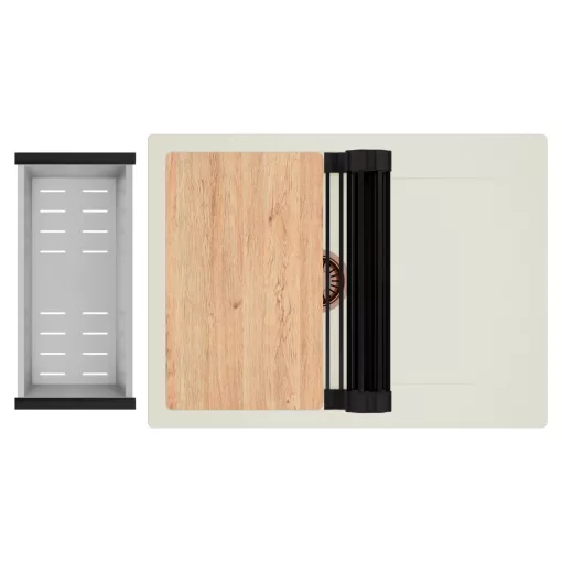 HD Onyx White 68-XL egymedencés gránit mosogatótálca szett, vágódeszkával, csepegtetőtálcával, vágódeszkával, matt fekete csepegtetőráccsal és krómozott kosárral, tört fehér színben, szálcsiszolt réz leeresztő szifonnal