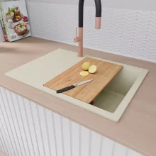 HD Onyx White 68-XL egymedencés gránit mosogatótálca szett, vágódeszkával, csepegtetőtálcával, vágódeszkával, matt fekete csepegtetőráccsal és krómozott kosárral, tört fehér színben, szálcsiszolt réz leeresztő szifonnal