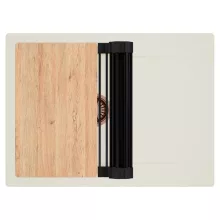 HD Onyx White 68-XL egymedencés gránit mosogatótálca szett, vágódeszkával, csepegtetőtálcával, vágódeszkával, matt fekete csepegtetőráccsal, tört fehér színben, szálcsiszolt réz leeresztő szifonnal