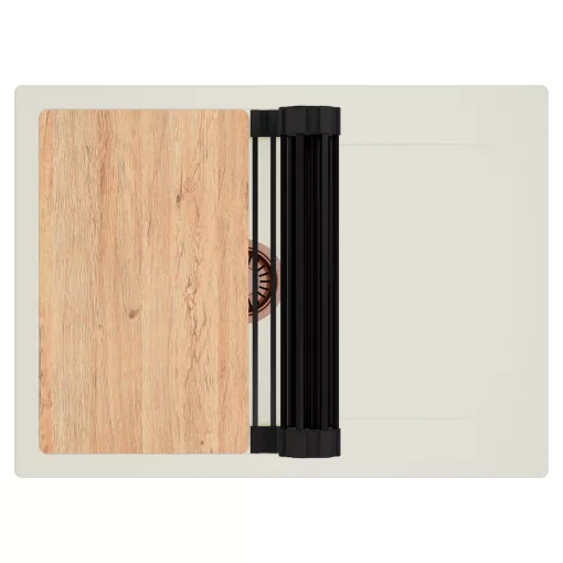 HD Onyx White 68-XL egymedencés gránit mosogatótálca szett, vágódeszkával, csepegtetőtálcával, vágódeszkával, matt fekete csepegtetőráccsal, tört fehér színben, szálcsiszolt réz leeresztő szifonnal