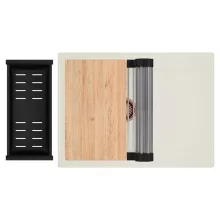 HD Onyx White 68-XL egymedencés gránit mosogatótálca szett, vágódeszkával, csepegtetőtálcával, vágódeszkával, acél csepegtetőráccsal és matt fekete kosárral, tört fehér színben, szálcsiszolt réz leeresztő szifonnal