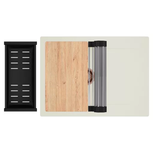 HD Onyx White 68-XL egymedencés gránit mosogatótálca szett, vágódeszkával, csepegtetőtálcával, vágódeszkával, acél csepegtetőráccsal és matt fekete kosárral, tört fehér színben, szálcsiszolt réz leeresztő szifonnal