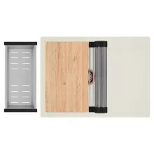 HD Onyx White 68-XL egymedencés gránit mosogatótálca szett, vágódeszkával, csepegtetőtálcával, vágódeszkával, acél csepegtetőráccsal és kosárral, tört fehér színben, szálcsiszolt réz leeresztő szifonnal