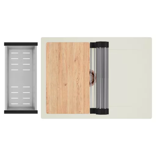 HD Onyx White 68-XL egymedencés gránit mosogatótálca szett, vágódeszkával, csepegtetőtálcával, vágódeszkával, acél csepegtetőráccsal és kosárral, tört fehér színben, szálcsiszolt réz leeresztő szifonnal