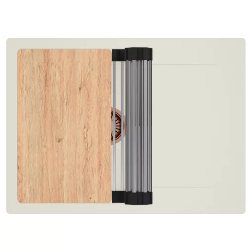 HD Onyx White 68-XL egymedencés gránit mosogatótálca szett, vágódeszkával, csepegtetőtálcával, vágódeszkával, acél csepegtetőráccsal, tört fehér színben, szálcsiszolt réz leeresztő szifonnal