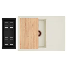 HD Onyx White 68-XL egymedencés gránit mosogatótálca szett, vágódeszkával, csepegtetőtálcával, vágódeszkával, matt fekete csepegtetőkosárral, tört fehér színben, szálcsiszolt réz leeresztő szifonnal