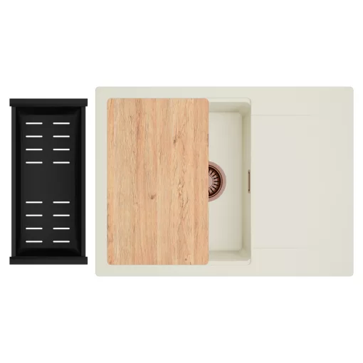 HD Onyx White 68-XL egymedencés gránit mosogatótálca szett, vágódeszkával, csepegtetőtálcával, vágódeszkával, matt fekete csepegtetőkosárral, tört fehér színben, szálcsiszolt réz leeresztő szifonnal