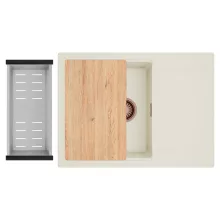 HD Onyx White 68-XL egymedencés gránit mosogatótálca szett, vágódeszkával, csepegtetőtálcával, vágódeszkával, acél csepegtetőkosárral, tört fehér színben, szálcsiszolt réz leeresztő szifonnal